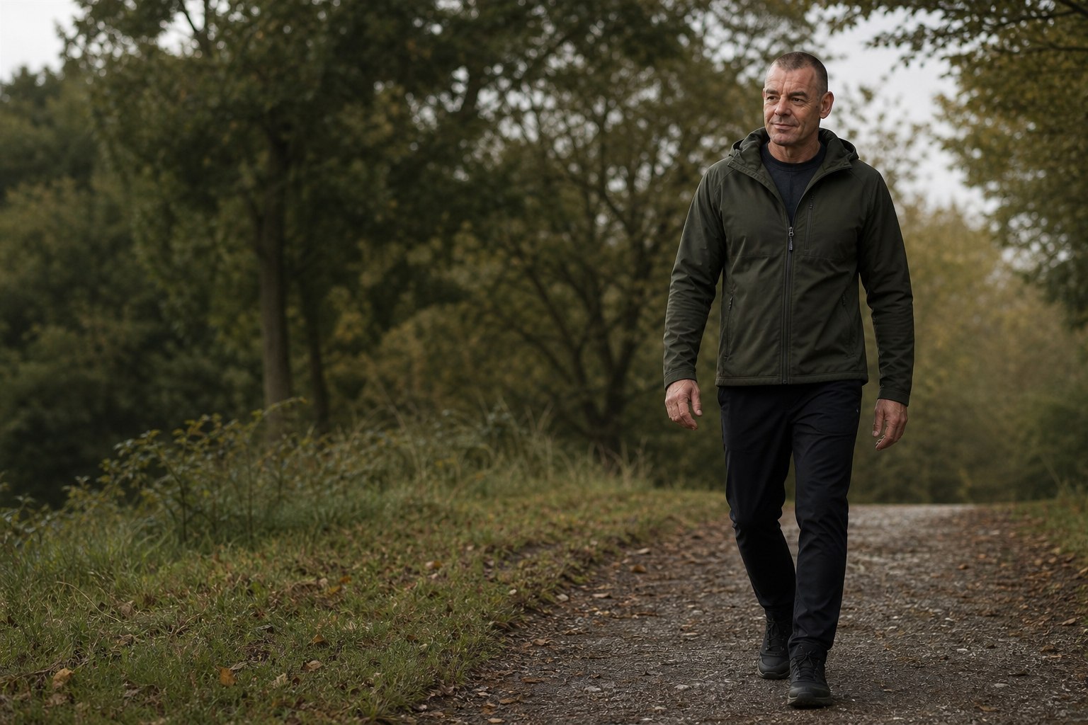Ian Ross walking on a British countryside trail in practical outdoor clothing
