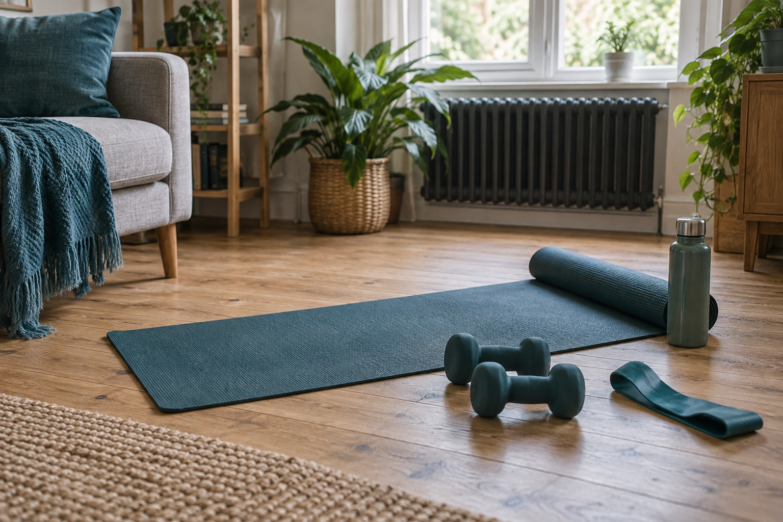 Illustrative home training space with mat and dumbbells